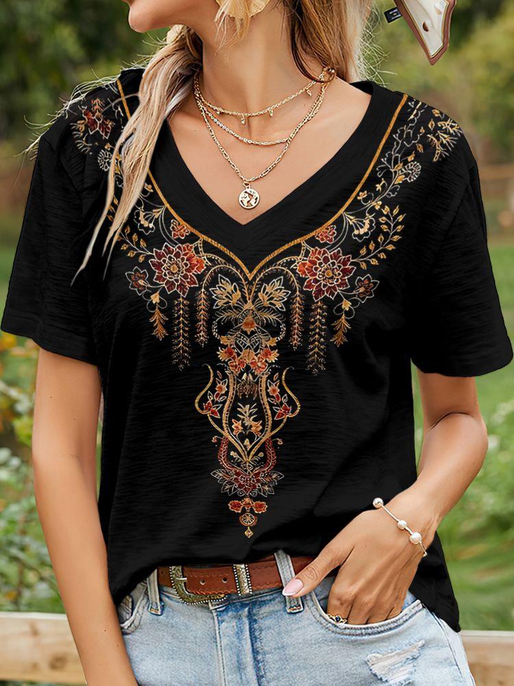 Ethnische Stil Blumen T-Shirts 3D Druck Sommer Damen V-Ausschnitt Kurzarm T-Shirt Y2k Harajuku Tees Lässige Oberteile Damenbekleidung