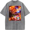 Demon Slayer Tanjirou Akaza Printed Tshirt Men Washed Cotton T-shirts Oversized Streetwear Manga Vintage Tee