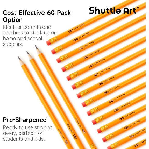 Shuttle Art 60 Pack Pencils, #2 HB, Pre-sharpened Pencils with Top Erasers, Premium Woodcased Yellow Pencil Bulk for Classroom & School Supplies,
