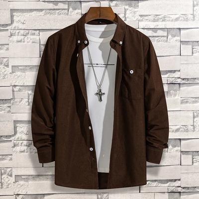 Wiosenna męska koszula sztruksowa w jednolitym kolorze, retro, luźna, plus size, z długim rękawem