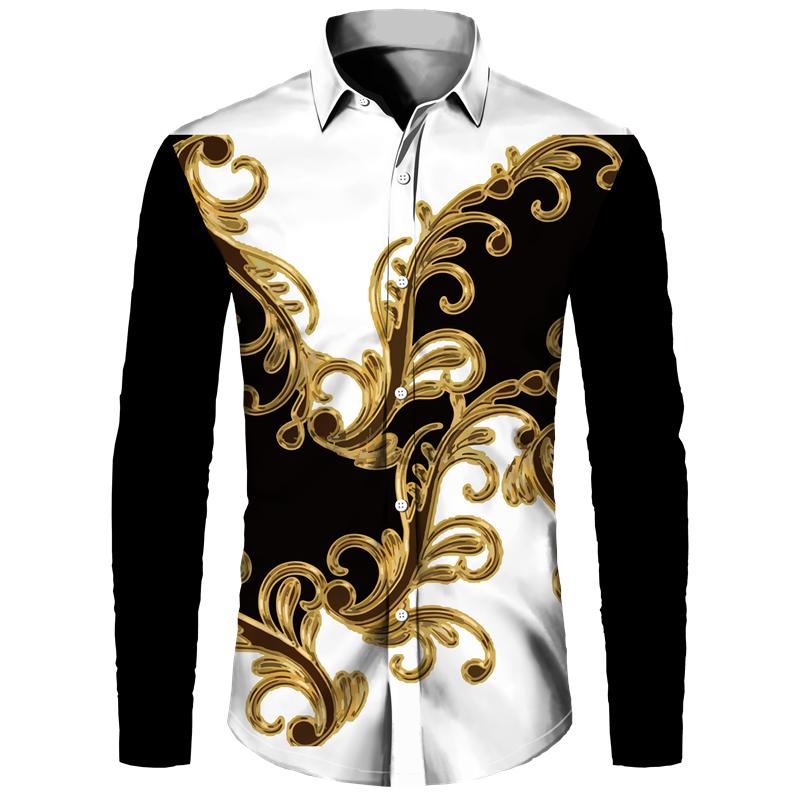 Golden Flower Pattern Print Men's Shirts Casual Single-Breasted Cardigan Long Sleeve Shirt Fashion Trend Tops Men Clothing