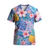 Women's Stretch Quick-Dry V-Neck Short Sleeve Workwear Top with Hawaiian Print & Pockets