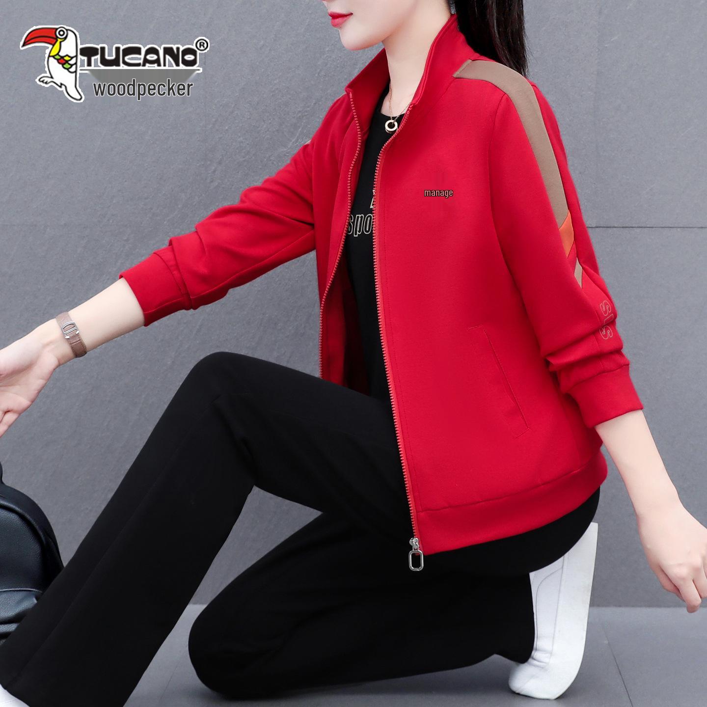 

Woodpecker Casual Sportswear Three-Piece Autumn 2025 Fashionable Cardigan Set for Middle-Aged Women L (95-110 jin) червоний