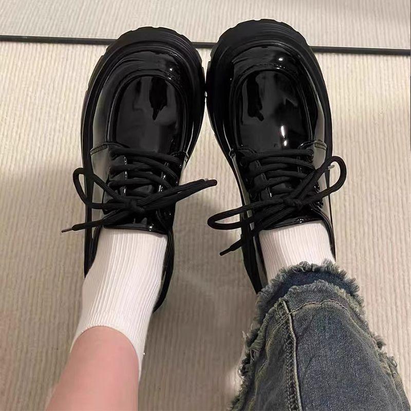 Black Platform Versatile Lace-up Small Leather Shoes for Women's 2025 Spring and Autumn New Retro British Style Loafer Single Shoes