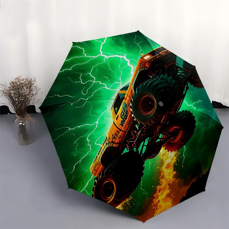 Podróżny Parasol Tematyczny Monster Truck 8 Żeberek Automatyczne Otwieranie i Zamykanie, Przenośna Składana Konstrukcja, Kompaktowy i Stylowy Parasol Odpowiedni do