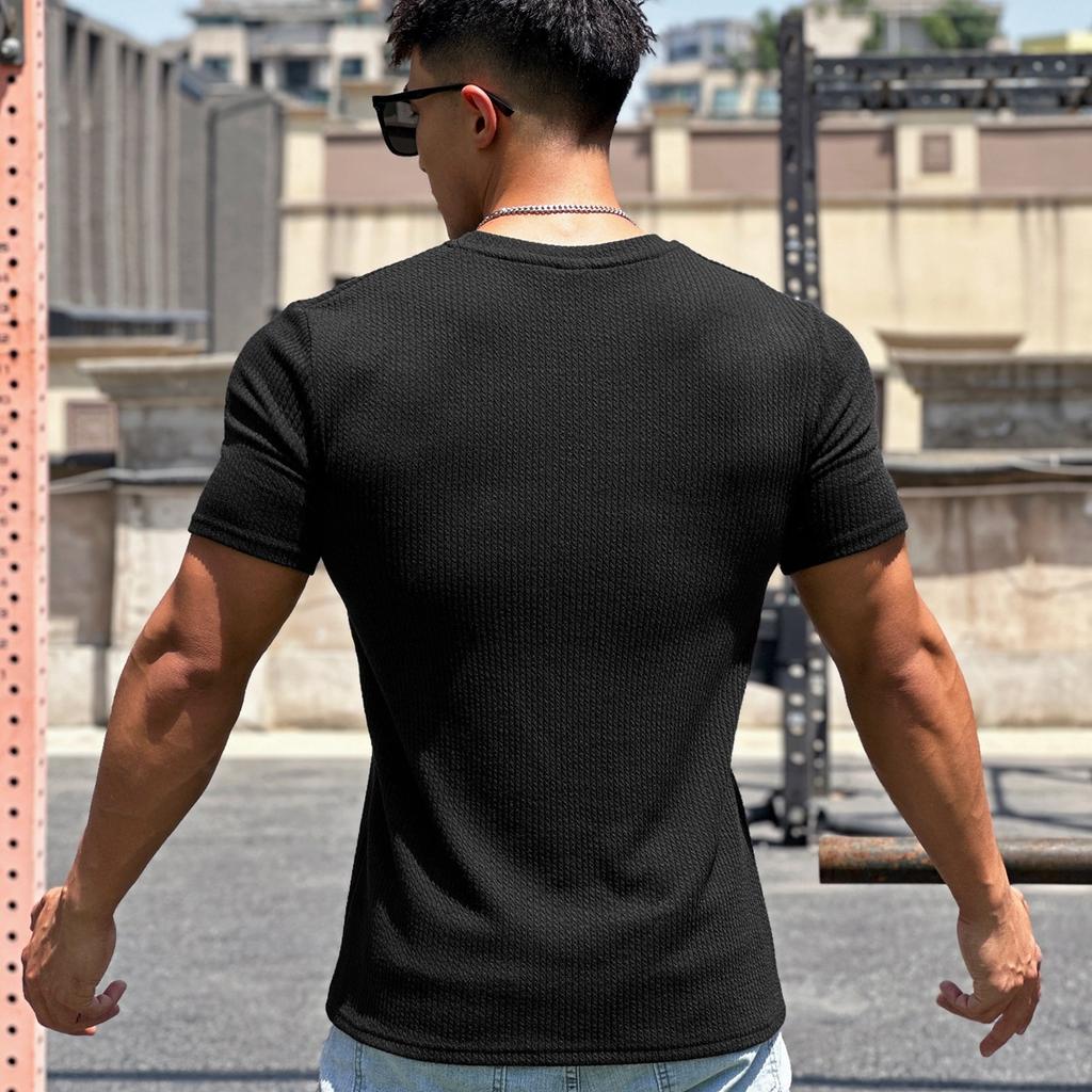 Men's Summer Trendy Pullover Crew Neck T-Shirt Solid Sports Fitness Short-Sleeve Top