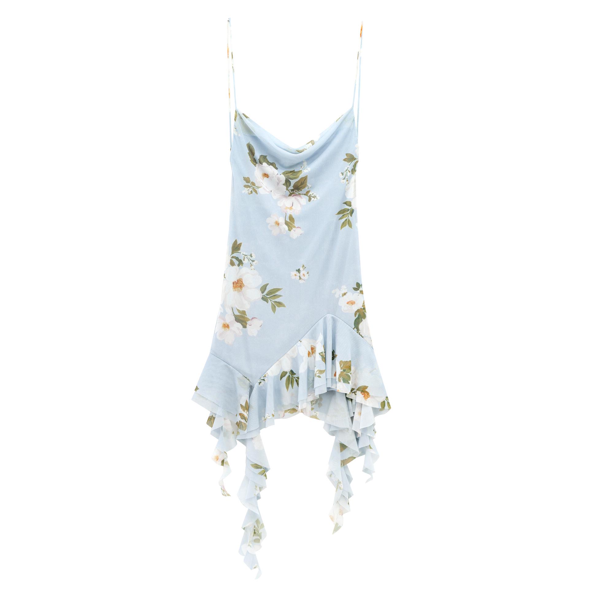 

2025 Spring Women s Silk Print Spaghetti Strap Dress with Draped Collar M озеро синий