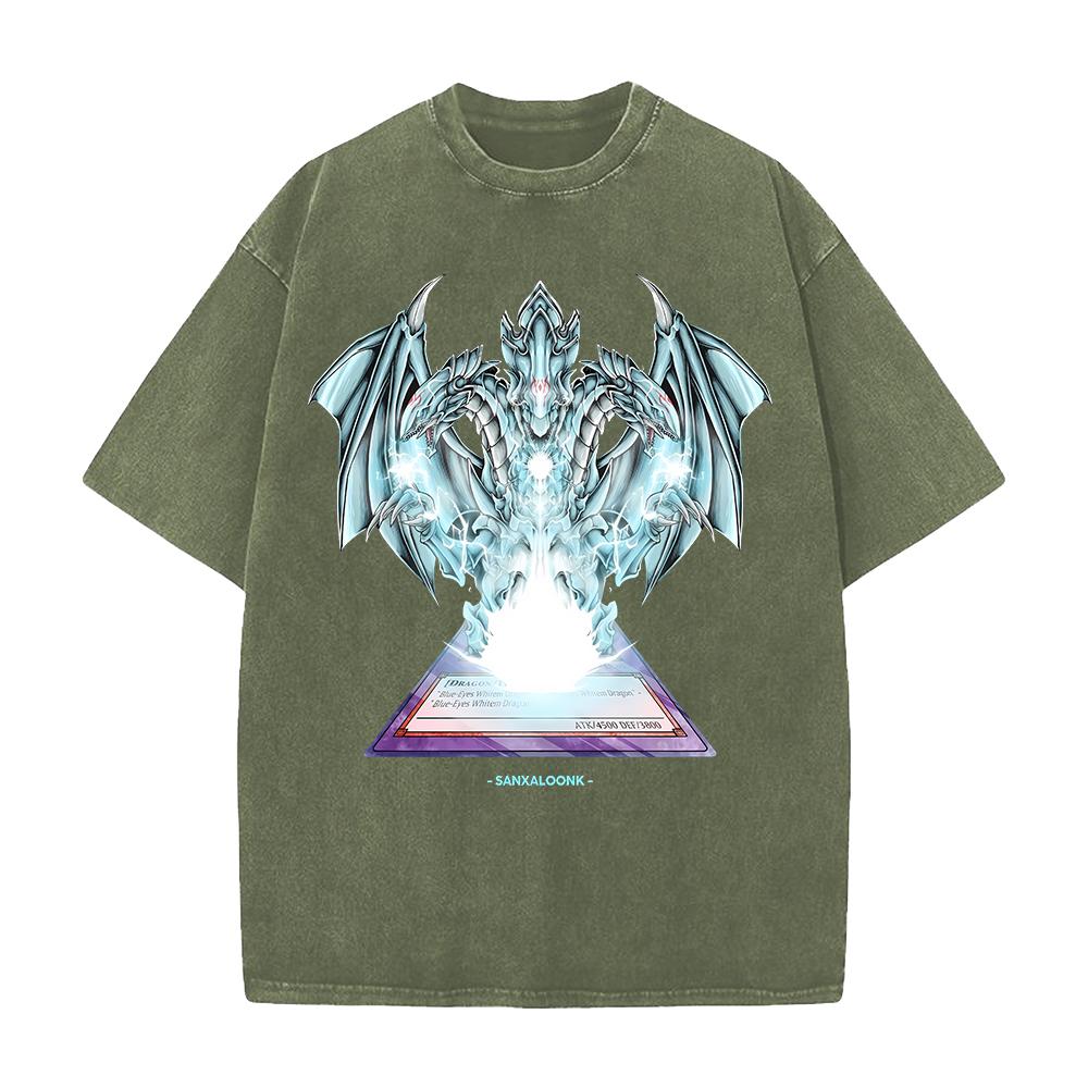 Anime YuGiOh Tshirt BlueEyes White Dragon Washed Yk T Shirt Mens Clothing Summer Short Sleeve Loose Cotton Soft Tees Tops
