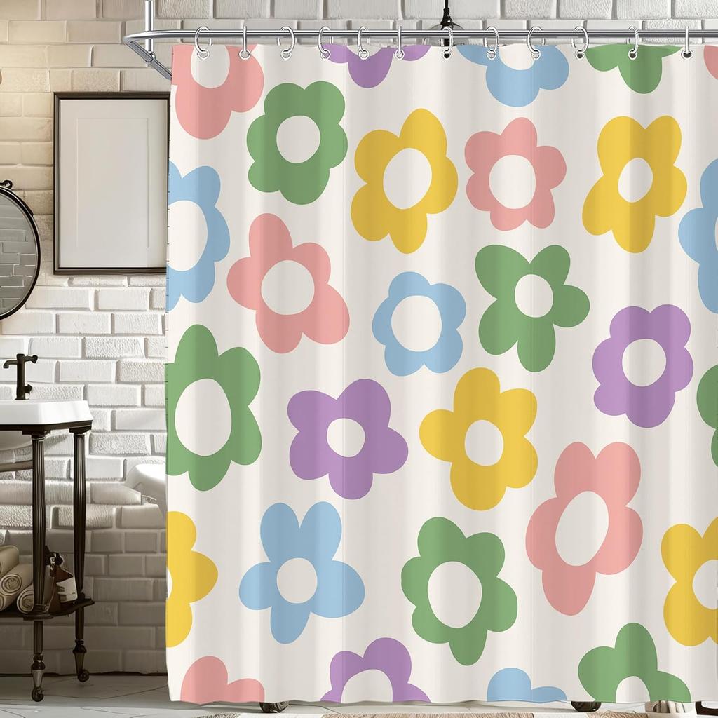 Tenda Doccia Floreale Astratta Carina Retrò Nera per Bagno Estetica Vintage Amabile Anni '70 Divertente Decorazione Vasca da Bagno