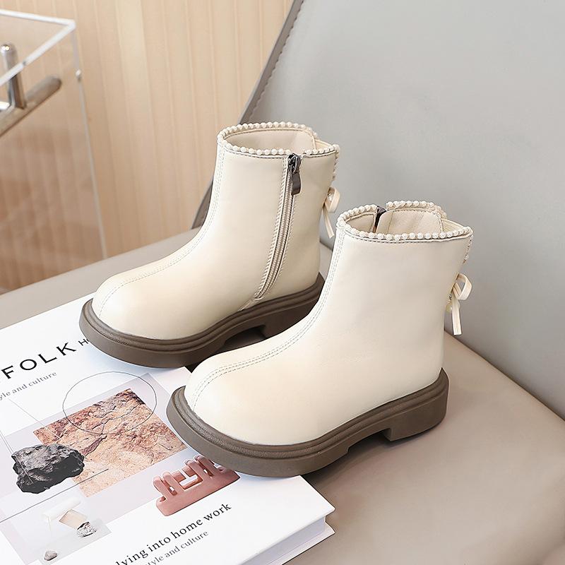 Girls' short boots, foreign princess leather boots, pearl bow children's Martin boots 2025 autumn and winter new fashion single boots