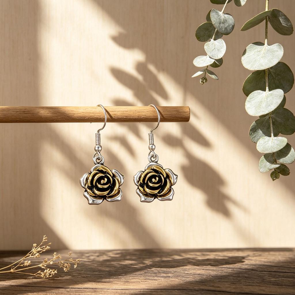 Retro three-dimensional rose shape environmentally friendly alloy earrings, daily versatile niche temperament versatile earrings
