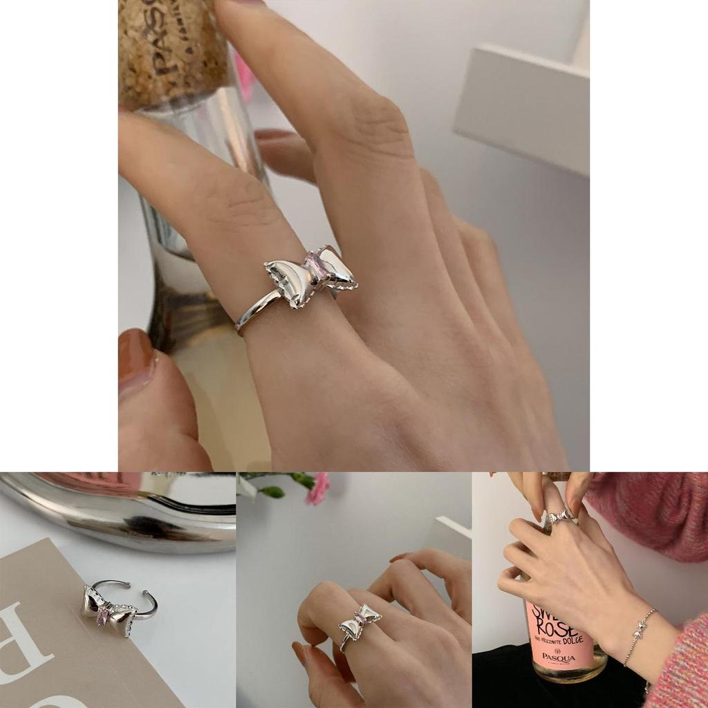 Exquisite Korean Daejeon Design Pink Diamond Bow Tie Ring Adjustable Size For Women