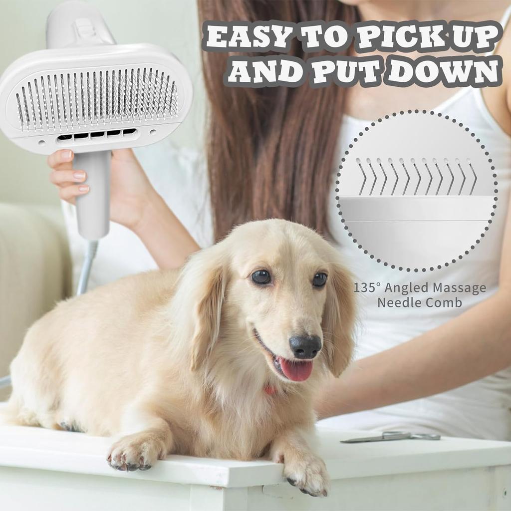 2-in-1 Pet Hair Dryer with Slicker Brush Overheating Protection 3 Blowing Modes Low Noise Dog Grooming Blower with Comb Brush