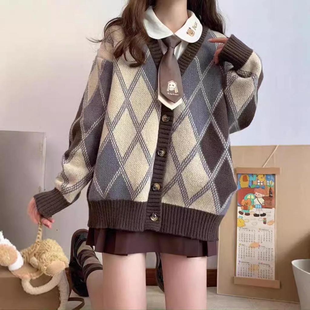 Women's Retro Japanese Argyle Sweater - Loose Fit, Soft Knit Cardigan for Autumn and Winter