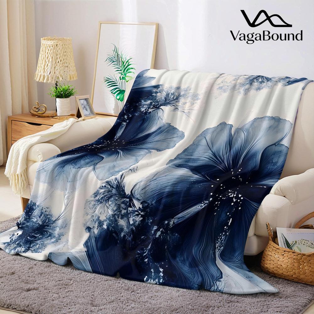 Indigo Floral Art Flannel Blanket Warm Soft Halloween Christmas Couch Warm Cozy Decorative Decor Gift for All Season