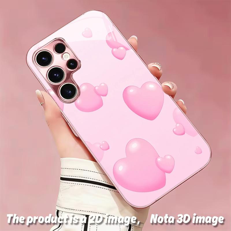 2DFlat Samsung electroplated tempered glass phone case,Pink Heart Design Phone CaseSuitable for Galaxy S26 S23 S24FE S25ULTRA S22 S21