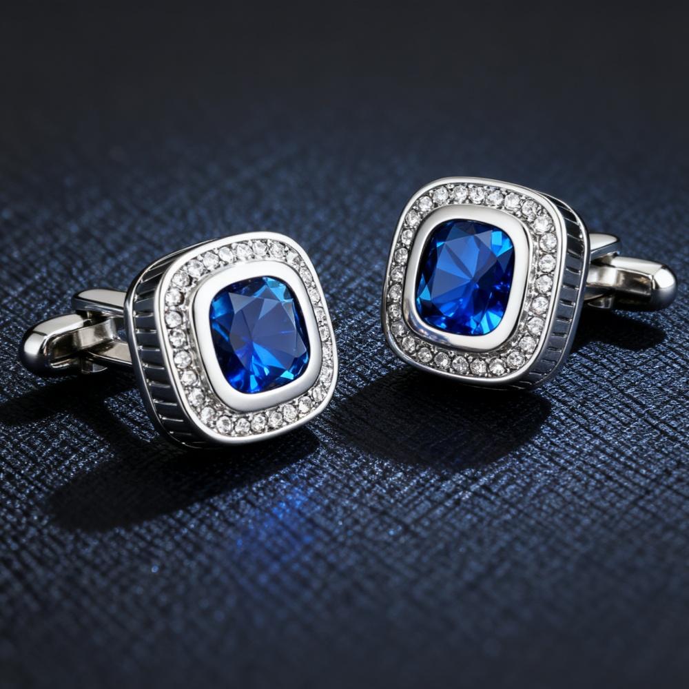 Herren Manschettenknopf-Set, Blaue Quadratische Zirkonia Manschettenknöpfe, Mit Geschenkboxen.