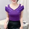 Classic Summer Women's Sexy V-Neck Hot Diamonds T-shirt Elegant Off Shoulder Ladies Tops Shirts Short Sleeved Cotton Tees