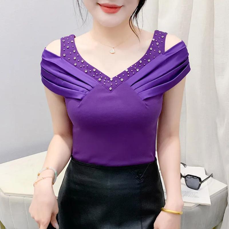 Classic Summer Women's Sexy V-Neck Hot Diamonds T-shirt Elegant Off Shoulder Ladies Tops Shirts Short Sleeved Cotton Tees