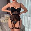 Sexy Mesh Bras Set Luxury Brand Bodysuit Backless Tops for Women 3 Piece Lingerie Set with Garter Sexy Underwear Set for Women