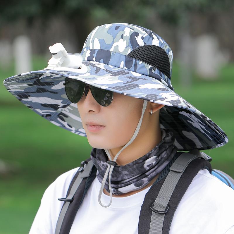 New sun hat with fan men's and women's summer outdoor fishing sun protection hat face cover print mountaineering big eaves bucket hat