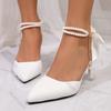 Fashion Pointed Toe Pearl Ankle Strap High Heels Pumps Women White Satin Bowknot Banquet Party Shoes Woman Elegant Stiletto Heeled Pumps