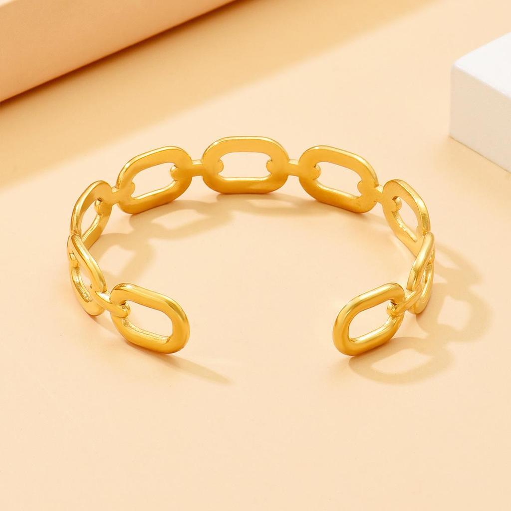 Modern C-Shaped Hollow Square Chain Stainless Steel Bangle Bracelet