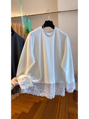 Women's White Patchwork Lace Long Sleeve T-shirt, Autumn/Winter 2025 - New Loose Fit, Slimming, Thickened Inner Layer