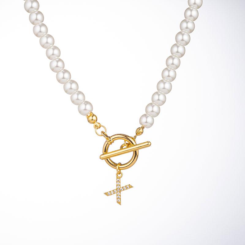Zircon Crystal Initial A-Z Letter Pendant Necklace for Women Toggle Clasp Imitation Pearls Necklaces Wedding Jewelry Gift