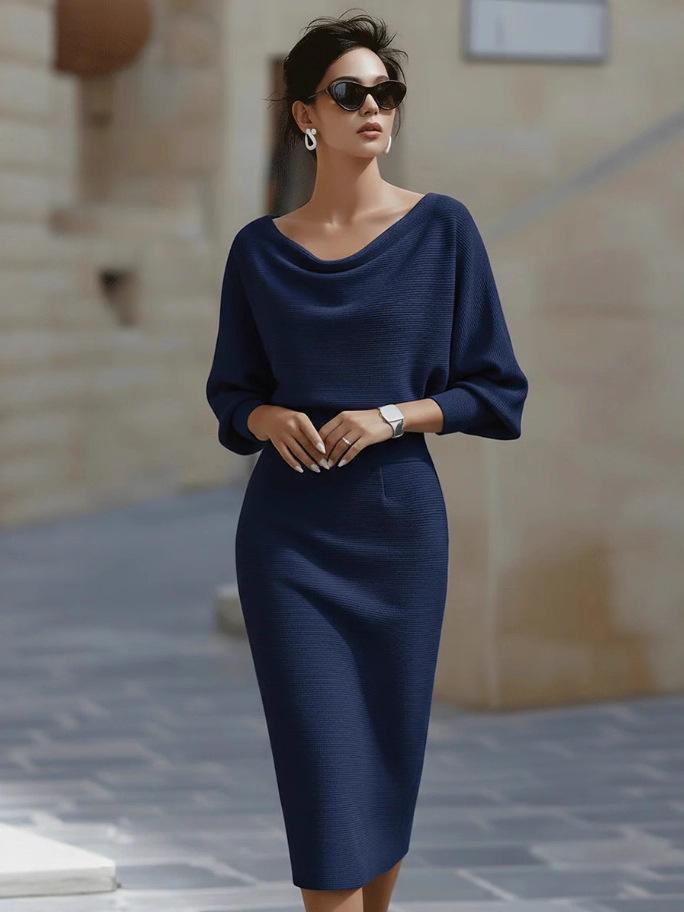 

European and American temperament commuter swing collar drape bat sleeve medium long dress women s clothing XXXL Темно-синій