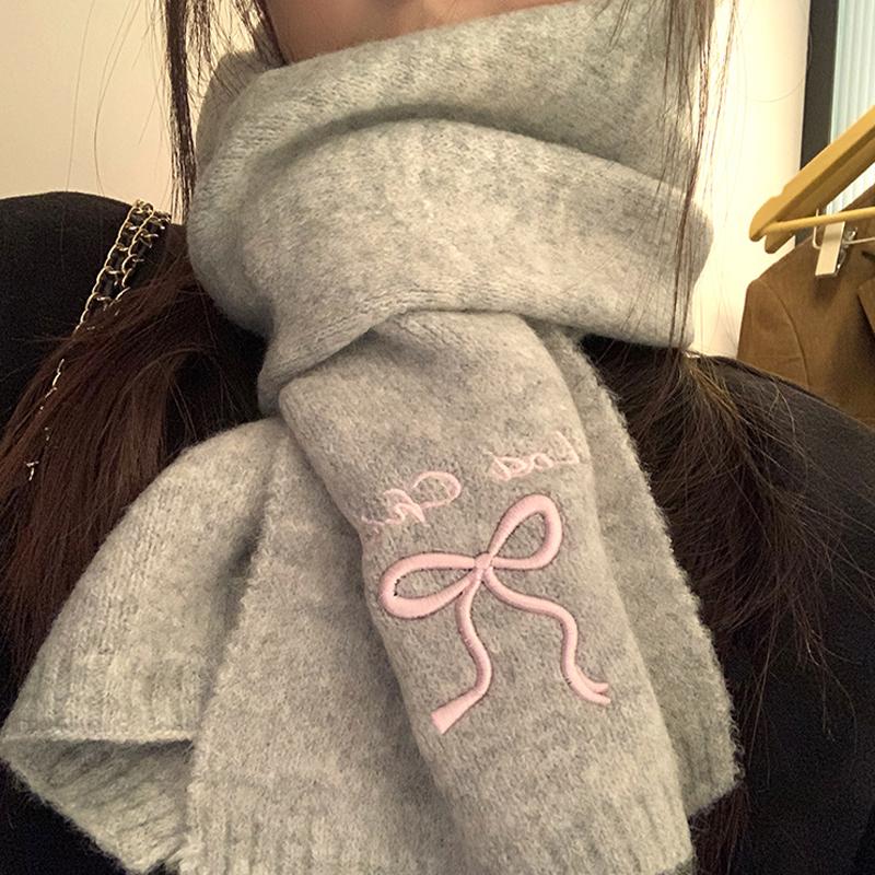 2025 Winter  College Style Imitation Cashmere Scarf Solid Color  Embroidered Bow Couple Scarf