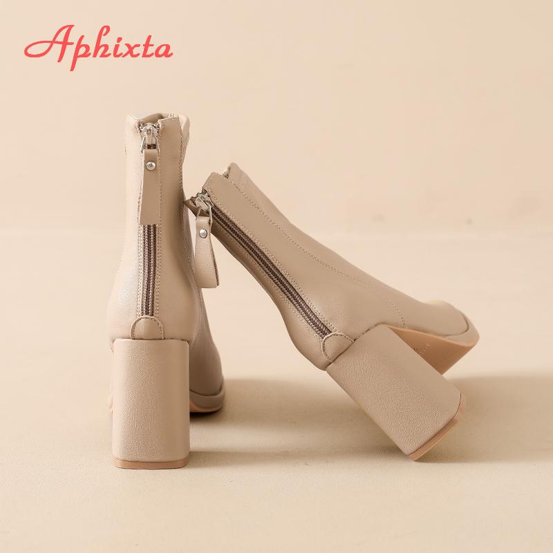 Fashion Aphixta Bazk Zipper Dec Women Ankle Boots 8cm High Heels Sexy Stretch Boots Elegant Sewing Short Plush Warm Winter Woman Shoes