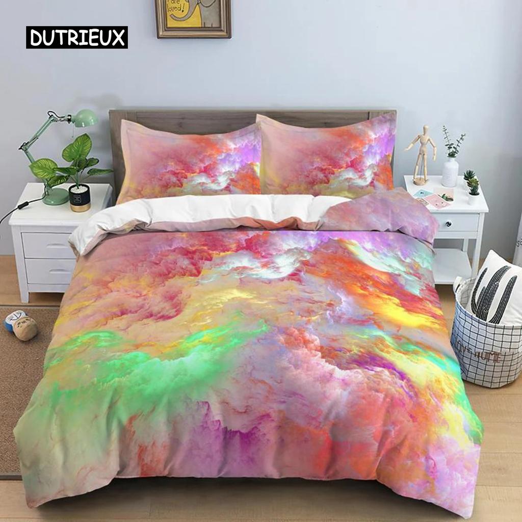 Colorful Cloud Soft Duvet Cover Polyester Orange Yelow Purple Cloud Sky Comfortable Quilt Cover for Tens Young Girls Abstract Theme Soft Beding Set