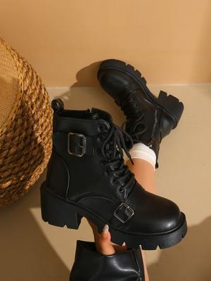 Modne Damskie Botki Modne Sznurowane Buty dla Kobiet Wygodne Luksusowe Buty z Paskiem i Klamrą Damskie Jednolite Grube Obcasy Średniej Wysokości