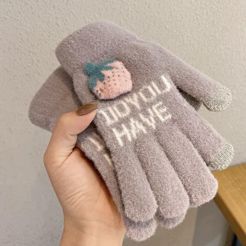 Cartoon Thermal Gloves Women Winter Thickened Cute Couple Student Cold Knitted Wool Riding Five Fingers