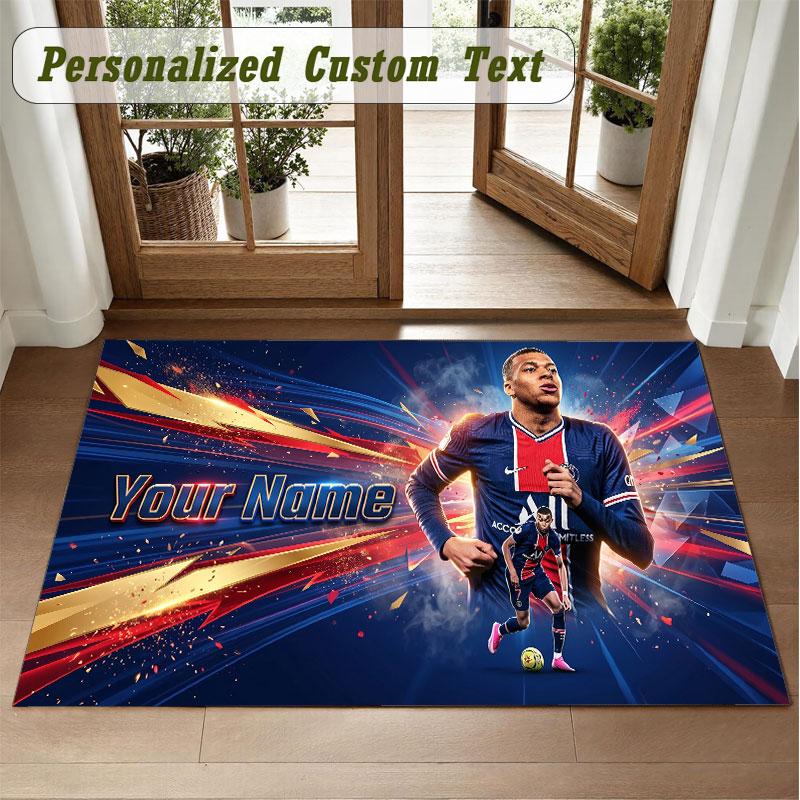 Crystal Velvet Square Rug Custom NameKylian Mbappe Pattern Non Slip Home Floor Decor Rug