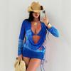 Swimsuit Women's Hanging Dye Printing European and American Mesh Long-sleeved Beach Skirt European and American Sexy Bikini Four-piece Set