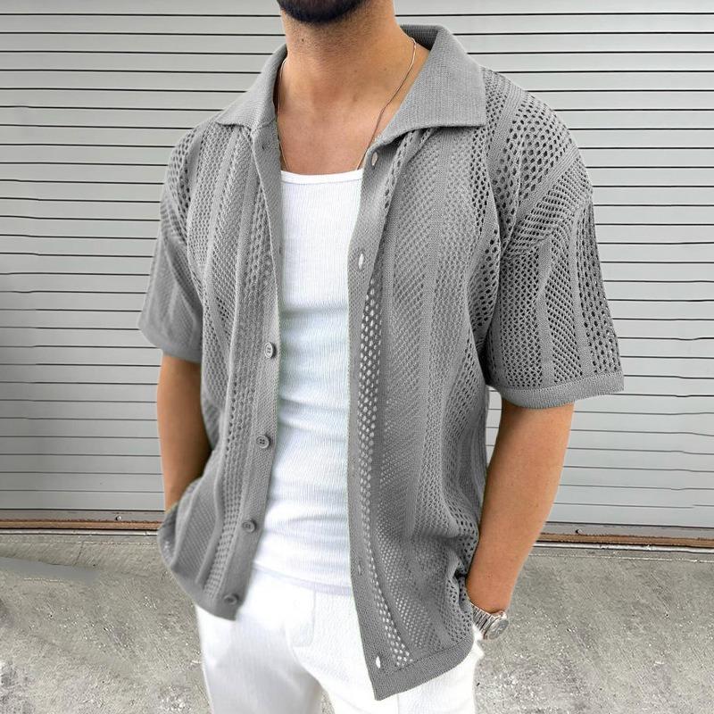 Summer Lightweight Knit Shirt for Men with Collar and Short Sleeves