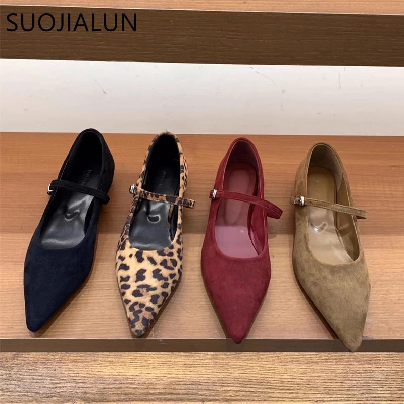 Fashion SUOJIALUN Women Flat Shoes Fashion Red Pointed Toe Ladies Elegant Mary Jane Shoes Low Wedge Heel Outdoor Dress Ballerinas Shoes