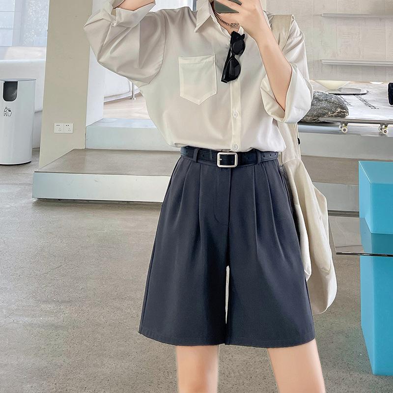 Women Summer Solid Color High-Waisted Wide-Leg Casual Suit Shorts Pants