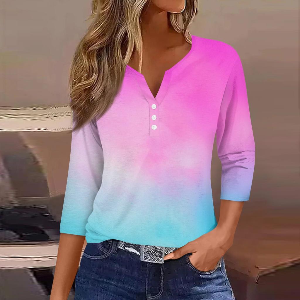 Women's T Shirt Tee Print Button 3/4 Sleeve Daily Weekend Fashion Basic V- Neck Regular Top
