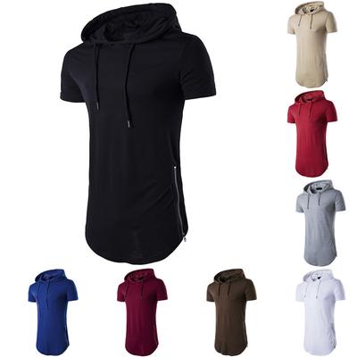 Men Trendy Hip Hop Longline Pullover Hoodie Side Zipper Round Neck Short T