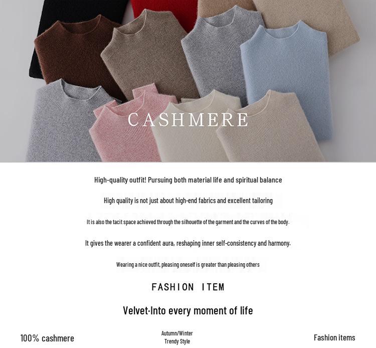 Women's Slim Fit Pure Cashmere Sweater, Half-High Neck, Soft Knit, Solid Color, 2026 Autumn/Winter Collection.