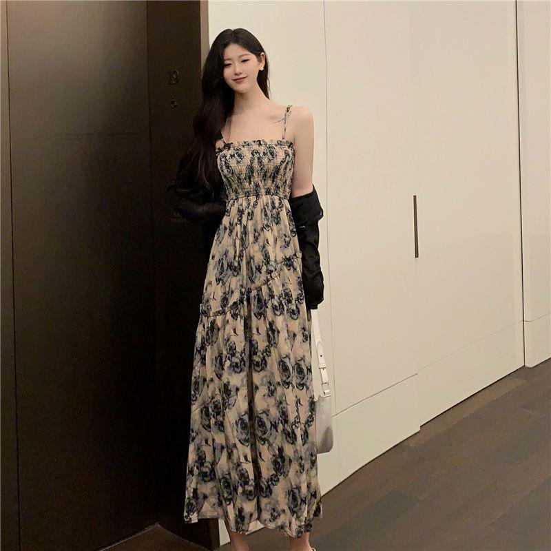 Plus Size French Floral Camisole Dress with Cardigan, Slimming Summer Long Dress for 2026