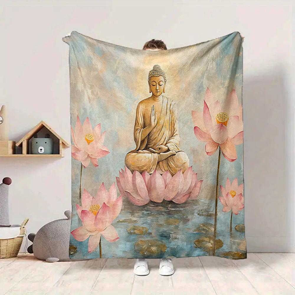 1pc Buddha Lotus Blanket, Lightweight Flannel Throw Blanket For Sofa, Bed, Travel, Camping, Living Room, Office, Couch, Chair, And Bed