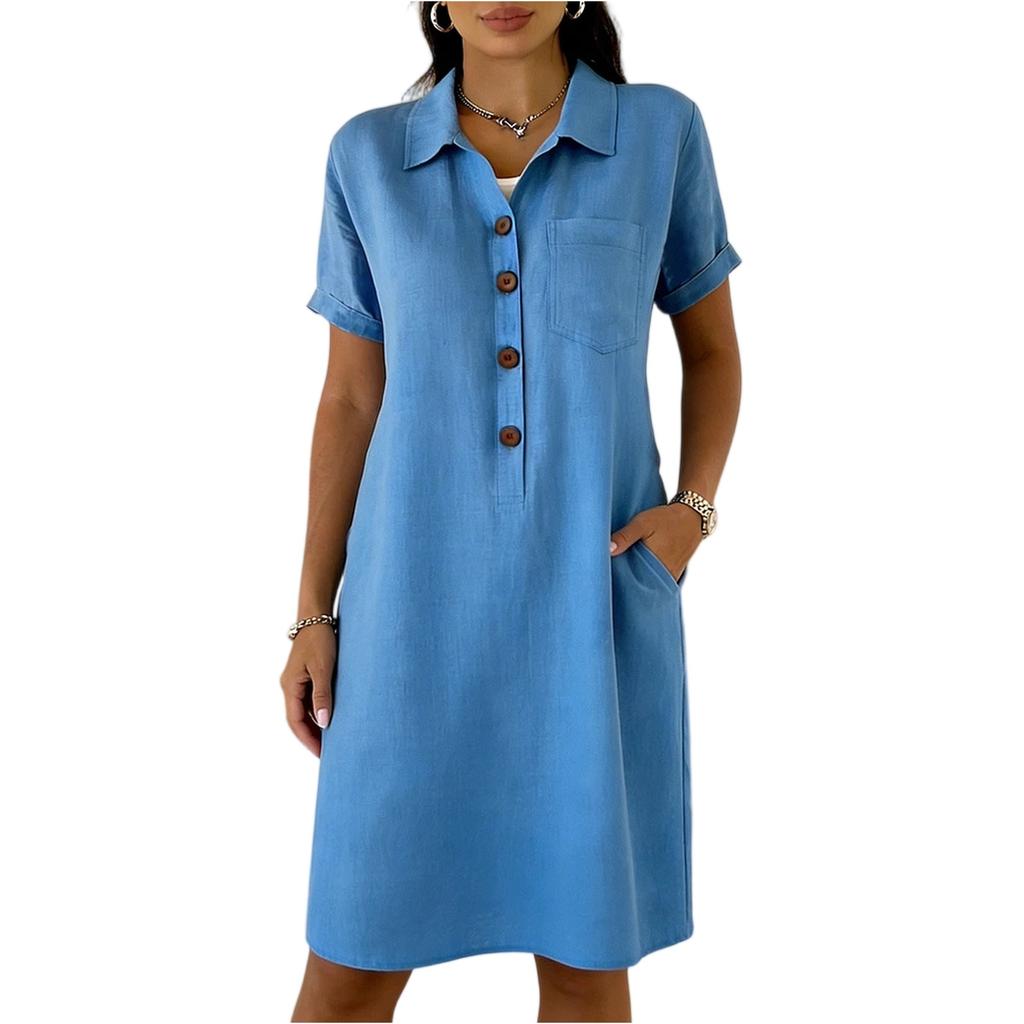 Abito Chemisier Corto a Maniche Corte in Lino da Donna con Tasca e Scollo a Punta Casual Vestibilità Larga Lunghezza al Ginocchio