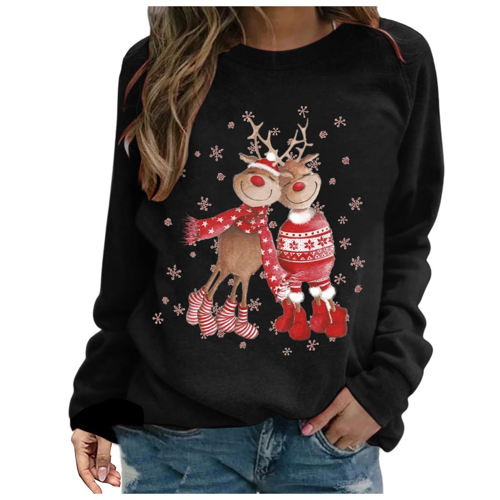 (SM)Damenmode-Winter-Pullover mit Rundhalsausschnitt, langen Ärmeln, lockerem Weihnachtsdruck