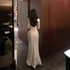 French high-end mesh splicing satin dress temperament celebrity waist slim banquet dress female summer