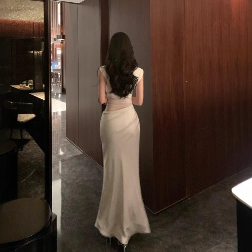 French high-end mesh splicing satin dress temperament celebrity waist slim banquet dress female summer