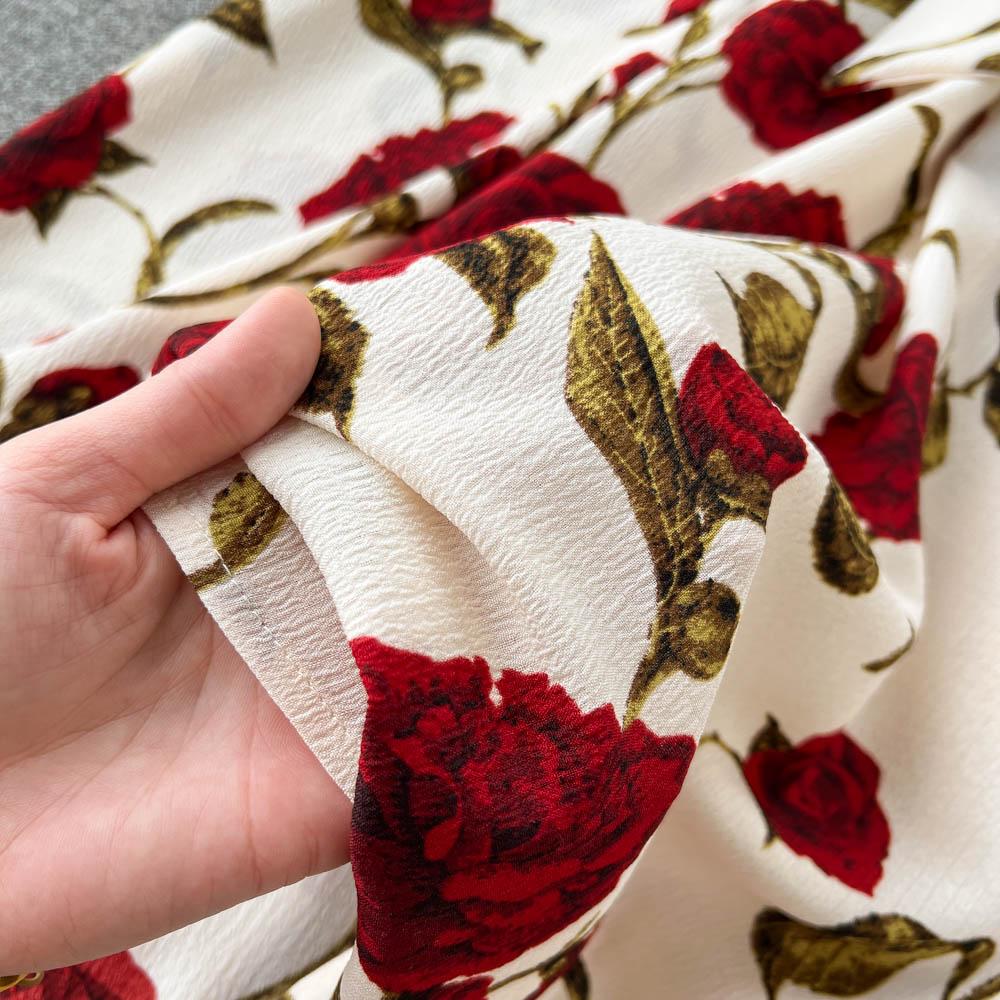 RUGOD Retro Print Dress 2022 Summer New Goddess Fan Temperament V-Neck Tie Waist Thin Mid-Length Dress